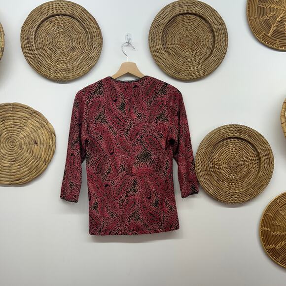 Vintage Y2K 2000s Pink Black VNeck Paisley Lace Trim 3/4 Sleeve Knit Top Blouse - Picture 2 of 6